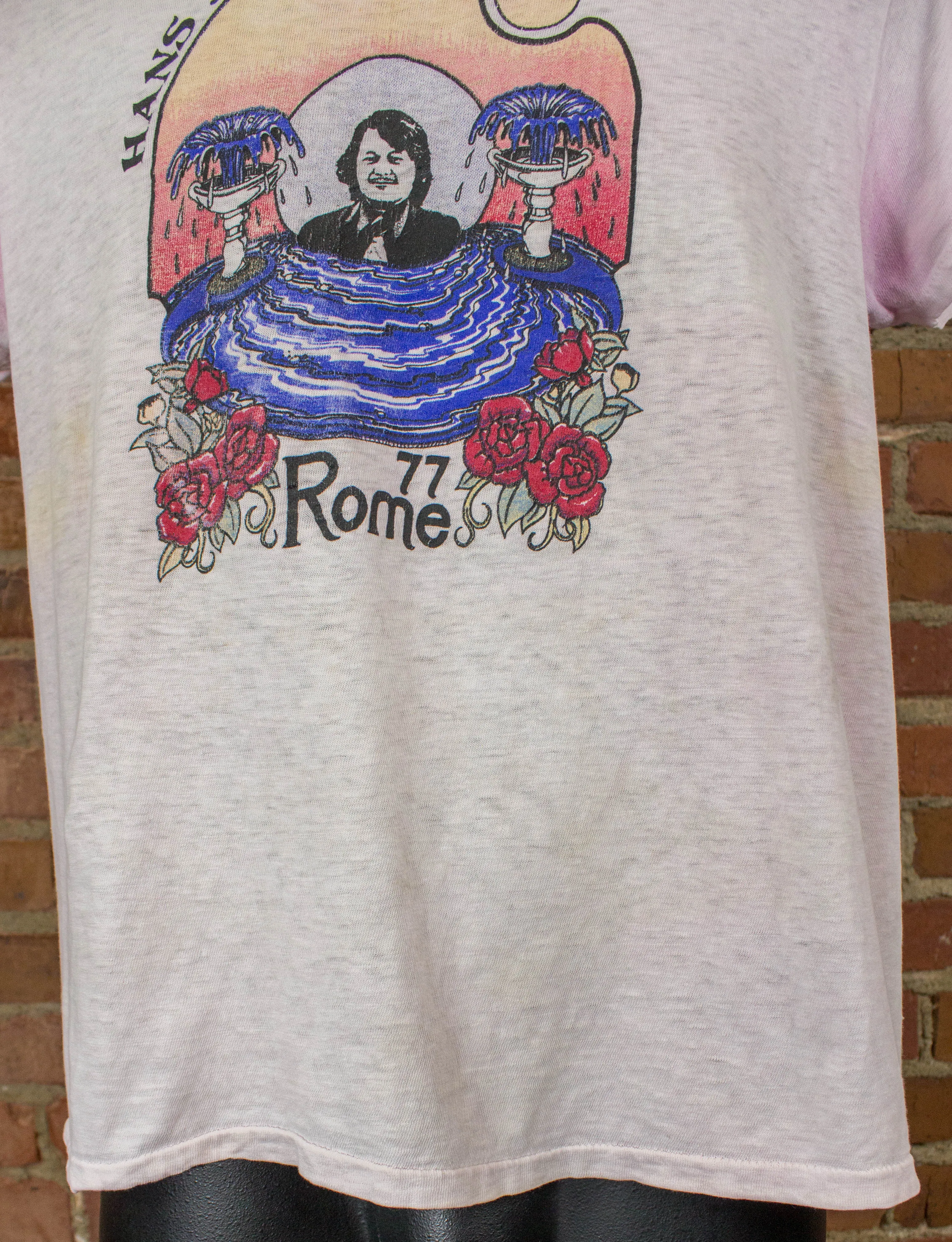 Vintage 1977 Hans Jayanti Rome Pink Guru Event Graphic T Shirt Unisex Medium