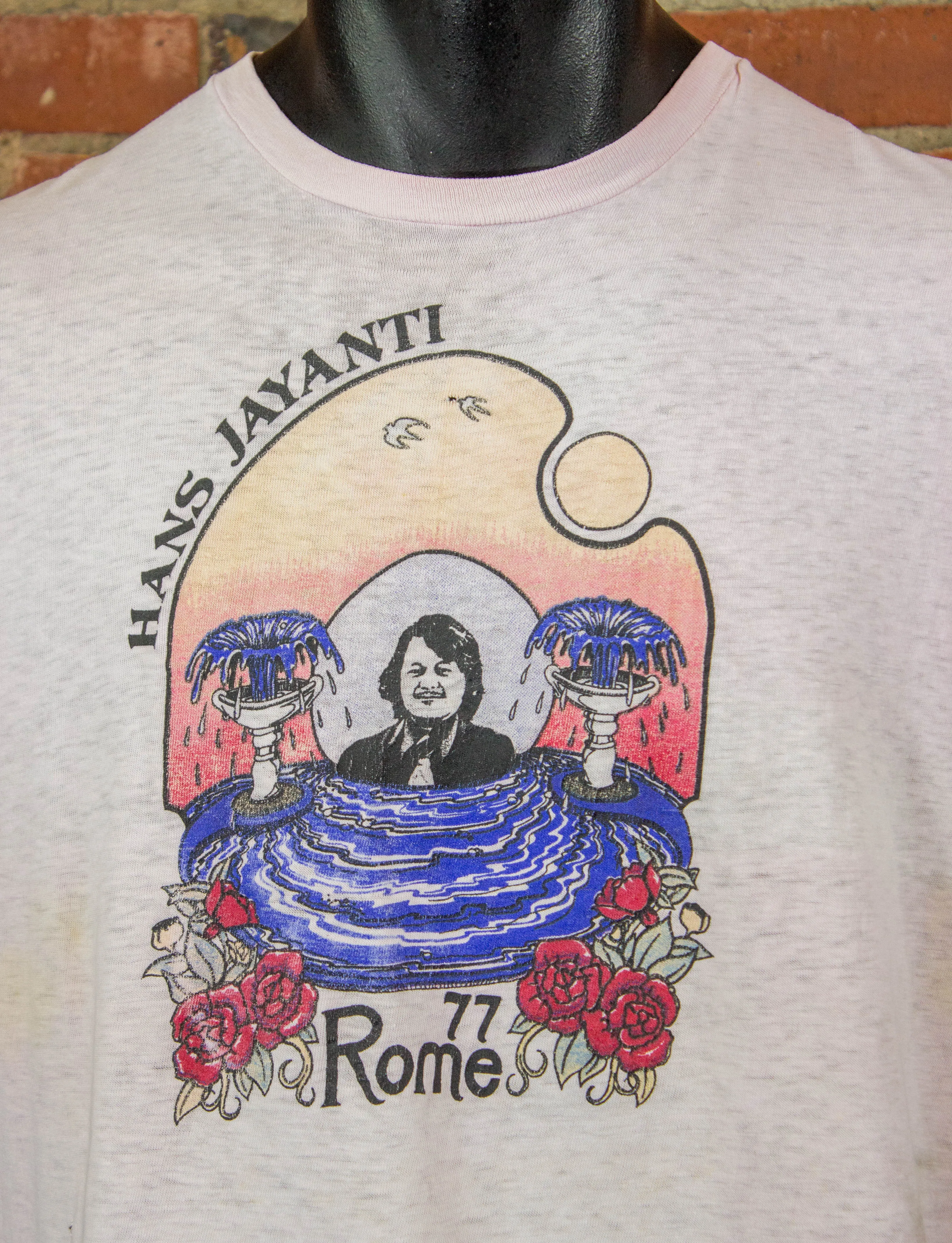 Vintage 1977 Hans Jayanti Rome Pink Guru Event Graphic T Shirt Unisex Medium