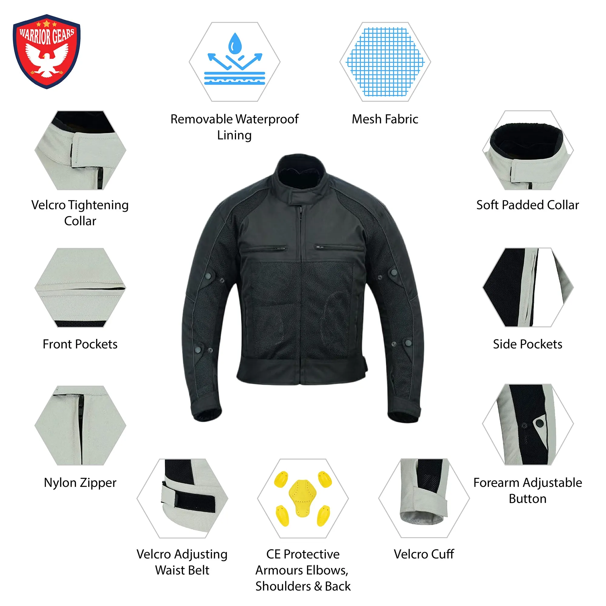 Warrior Gears® Air Mesh Motorbike Jackets for Men, Breathable Textile Motorbike Jacket with Removable Lining and CE Armours