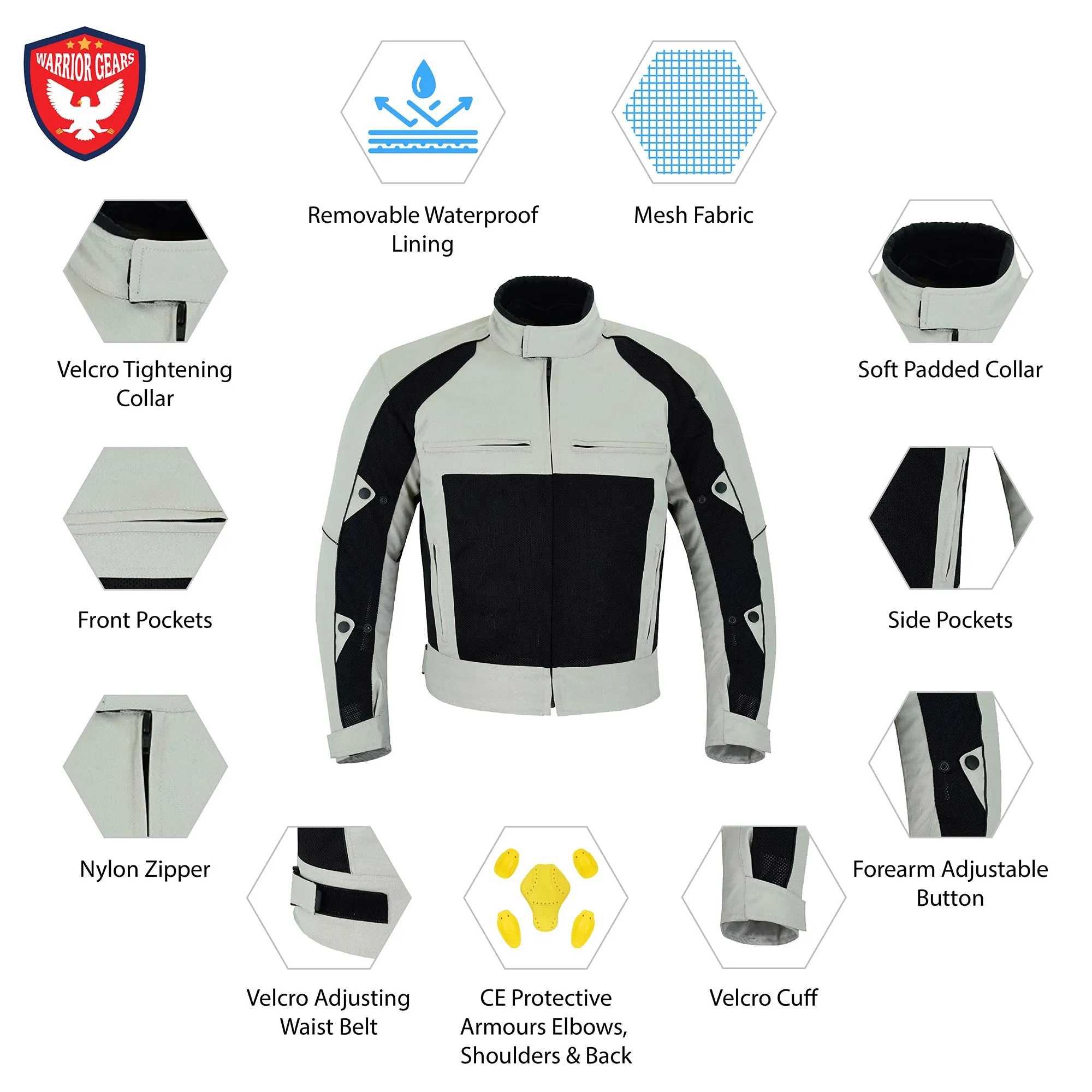 Warrior Gears® Air Mesh Motorbike Jackets for Men, Breathable Textile Motorbike Jacket with Removable Lining and CE Armours