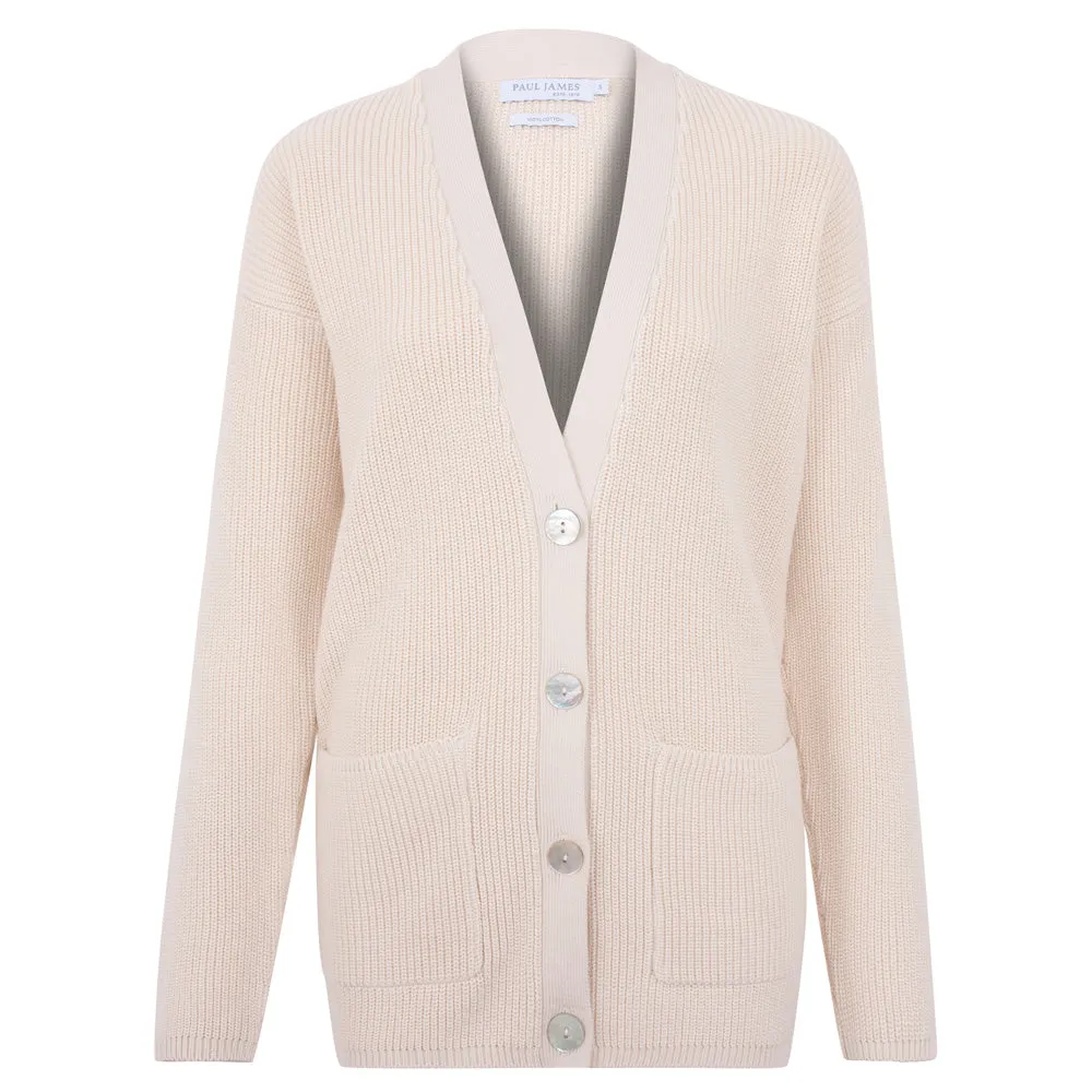 Womens Midweight Cotton Ribbed V Neck Cardigan with Pockets