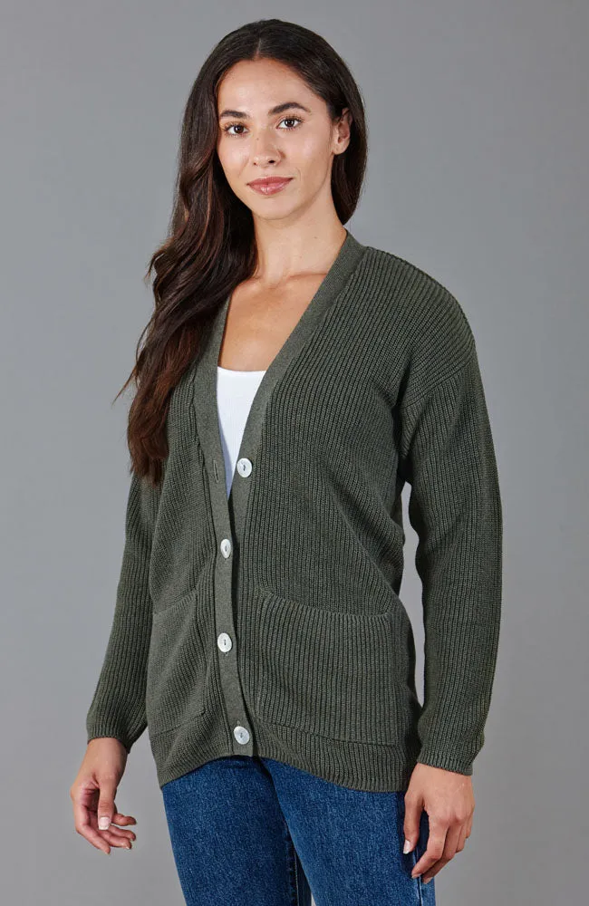 Womens Midweight Cotton Ribbed V Neck Cardigan with Pockets