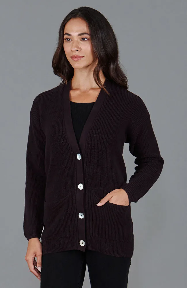 Womens Midweight Cotton Ribbed V Neck Cardigan with Pockets