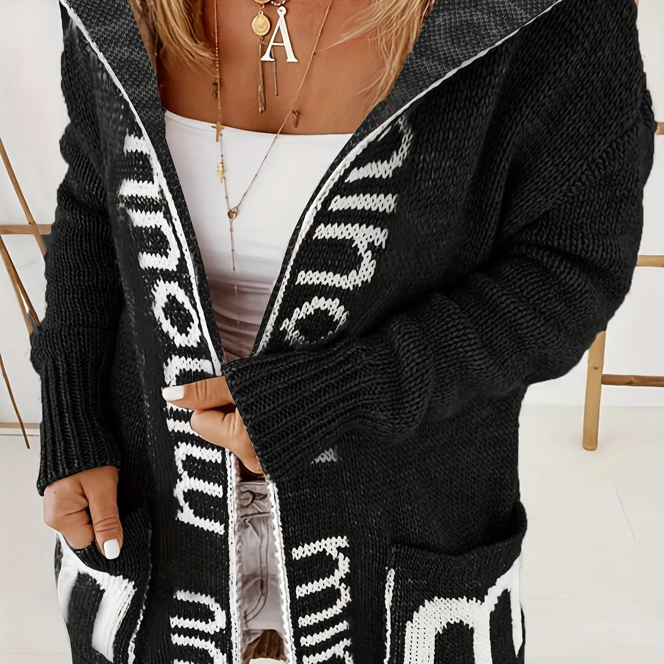 Womens Plus Size Letter Print Hooded Cardigan with Pockets